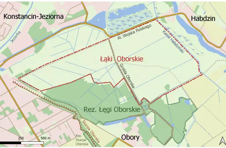 Łąki Oborskie, schematyczna mapa