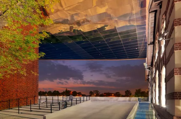 construction frames the view of the Vistula River