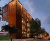illuminated, openwork facades made of weathering steel 