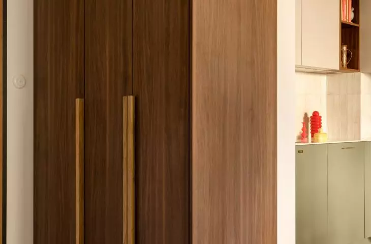 The wooden built-ins in the entryway help organize the space and set the warm tone for the entire apartment