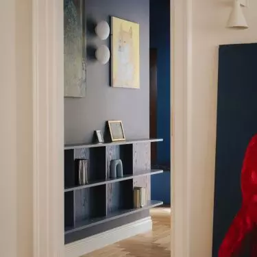 The dark navy blue entryway serves as an atmospheric introduction to the apartment—beyond it lie brighter rooms