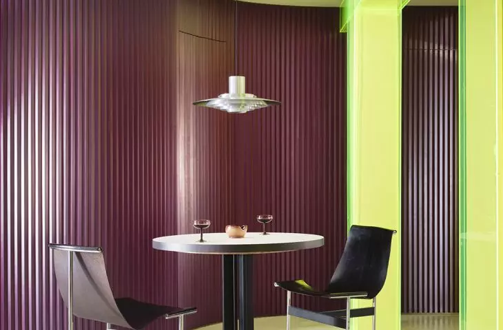 In the dining room, color, light, and neon acrylic set the stage for everyday gatherings