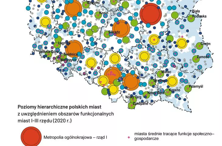 the functional hierarchy of cities, taking into account first-, second-, and third-order functional areas, and medium-sized cities that are losing their socioeconomic functions 