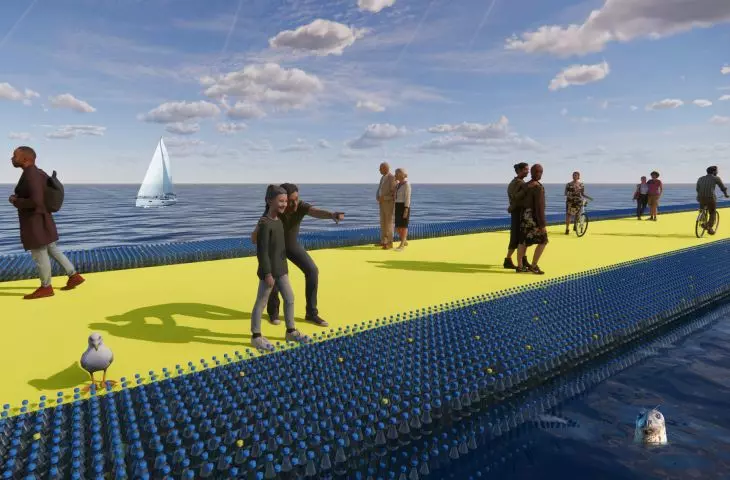 The gradation path changes its color - above the water it is yellow, and above the ground it is green