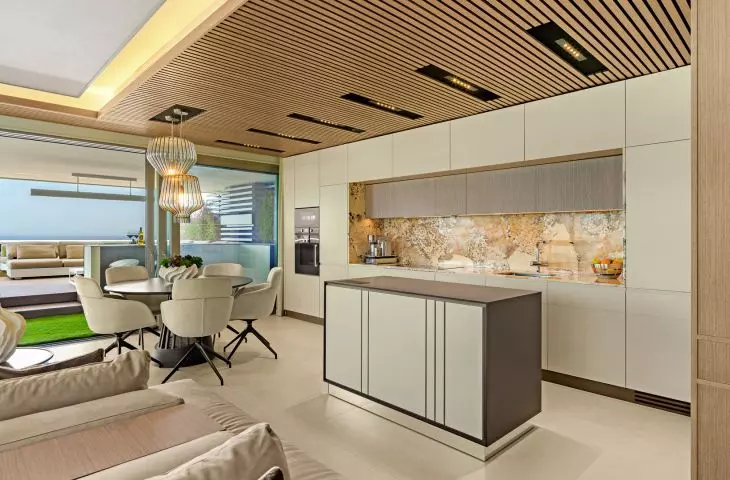The most striking feature in the kitchen is the quartzite strip, which breaks up the calm lines of the cabinetry and adds a unique touch to the interior