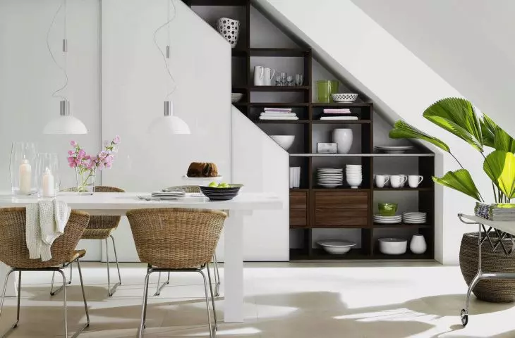 Custom cabinets with sliding doors will also work well in rooms with slants