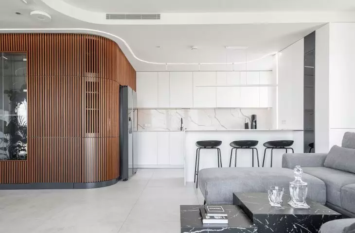 The wooden, sculptural structures define the open living area