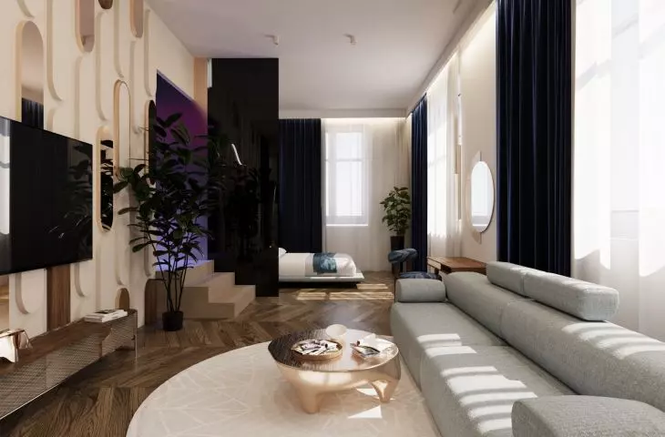 living room in a premium hotel room
