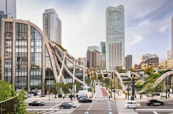 Azabudai Hills in Tokyo is a mixed-use district where architecture blends with a multi-level landscape