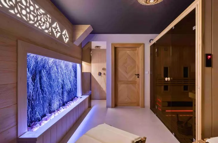 The lowest level of the house is occupied by an expansive wellness area