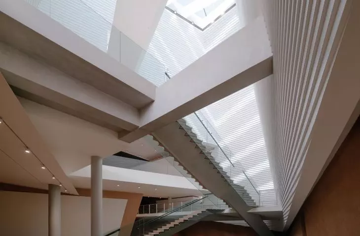 Natural light enters the underground interior through a large skylight located above the central gathering space