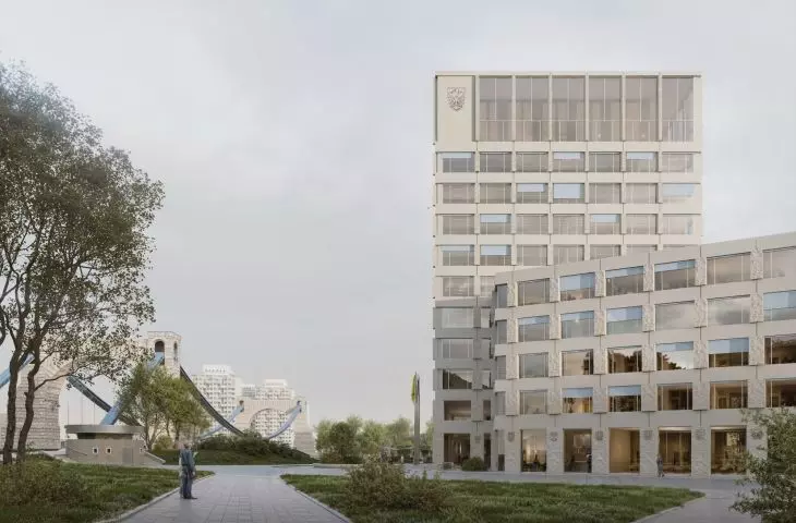 widok na budynek Urzędu Marszałkowskiego Województwa Dolnośląskiego we Wrocławiu, w tle widać budynki „Manhattanu” projektu Jadwigi Grabowskiej-Hawrylak