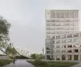 widok na budynek Urzędu Marszałkowskiego Województwa Dolnośląskiego we Wrocławiu, w tle widać budynki „Manhattanu” projektu Jadwigi Grabowskiej-Hawrylak