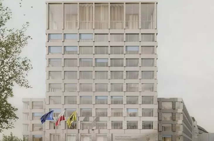 The facade, which is massive at the bottom, gradually becomes visually lighter
