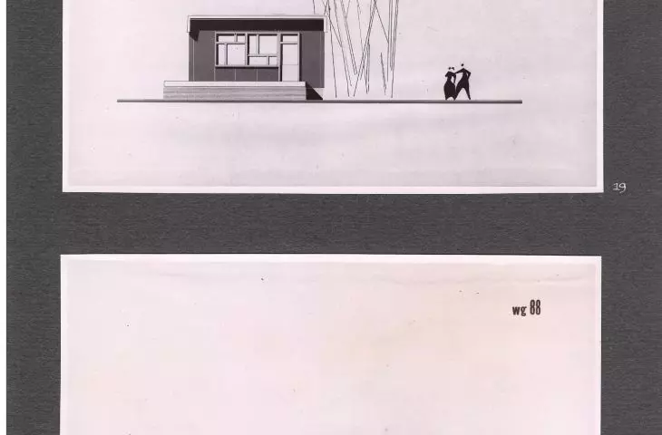 Dom jednorodzinny prefabrykowany z odpadów drzewnych, dla Ministerstwa Górnictwa, elewacje, 1957