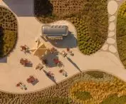 The green roof features, among other things, a dining area