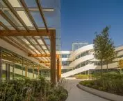 A partially covered walkway leads through the green courtyard