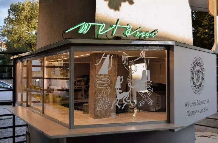 Even from a distance, the details catch your eye—the green neon sign with the café's name and the animal patterns on the windows