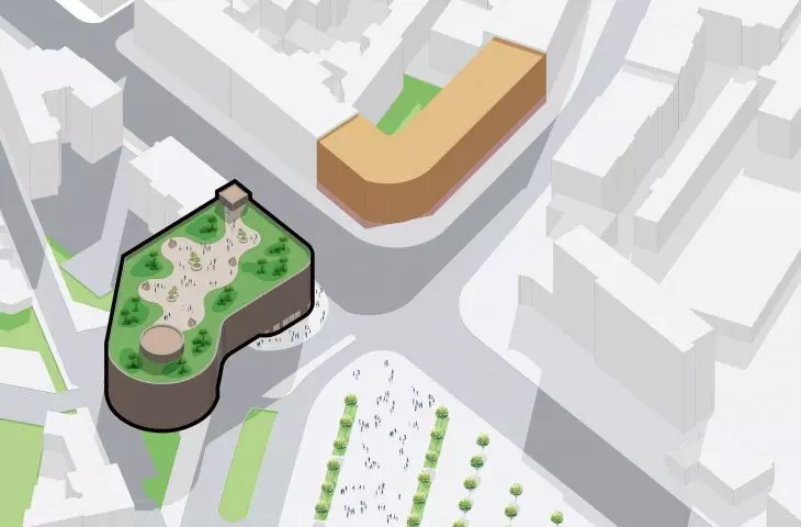aksonometria parkingu wielopoziomowego przy dworcu kolejowym w Gliwicach — fragment analiz architektonicznych