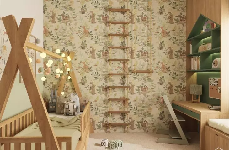 Forest-themed wallpaper, natural wood, and muted green tones create a cozy space for sleeping, studying, and playing