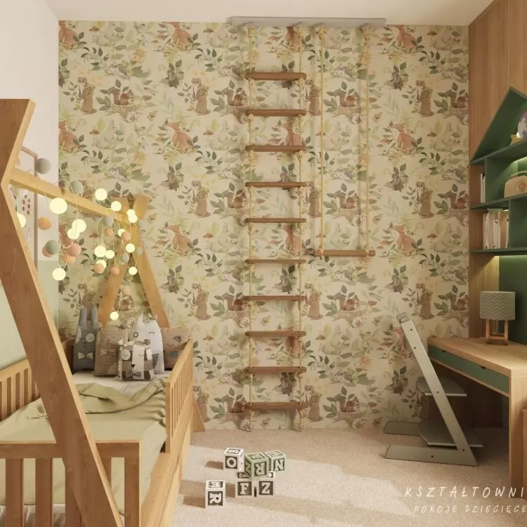 Forest-themed wallpaper, natural wood, and muted green tones create a cozy space for sleeping, studying, and playing