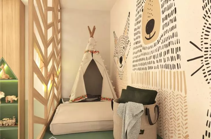 The openwork wooden structure creates a cozy nook for relaxation and play