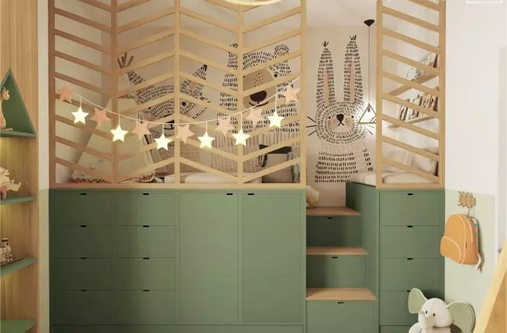 Spacious built-in storage was designed under the mezzanine, and the steps leading upstairs were used as additional storage spaces