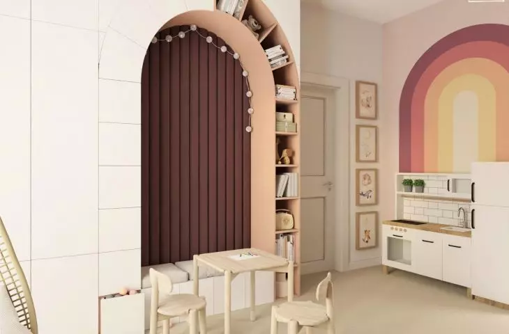 An arched alcove with a seat, bookshelf, and table creates a space for playing together, complemented by a children's kitchen