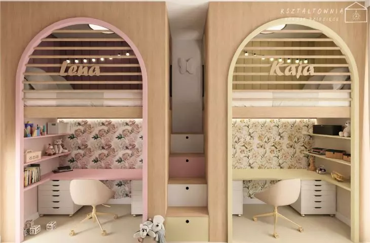 Kai and Lena's beds were placed above separate study areas, giving each sister her own space