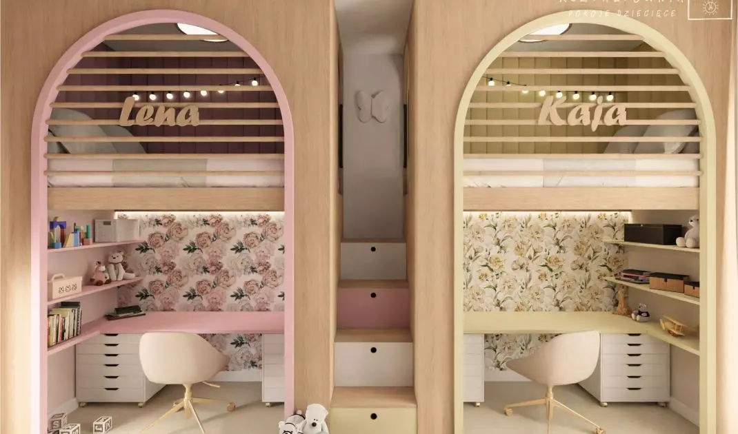 Kai and Lena's beds were placed above separate study areas, giving each sister her own space