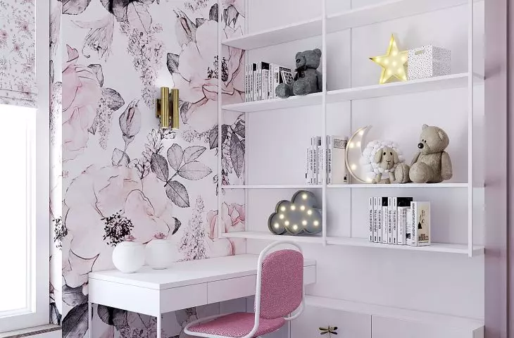 Floral wallpaper on the wall by the desk and bed