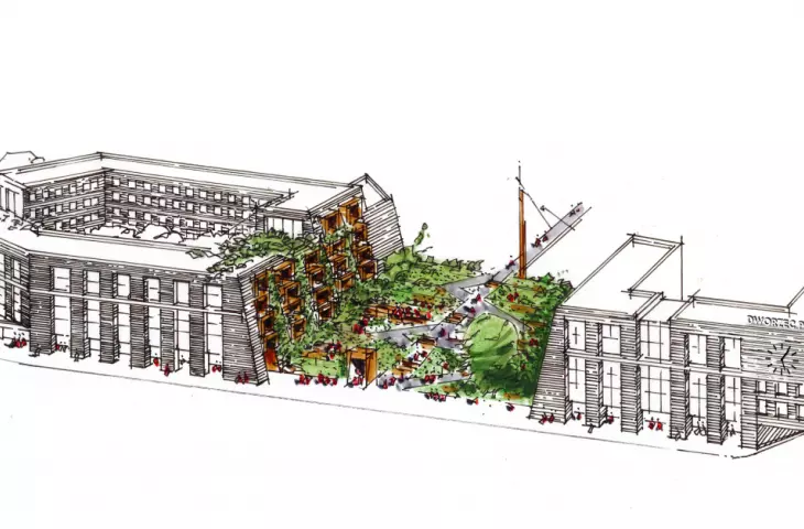 The development plan calls for two buildings separated by a plaza 