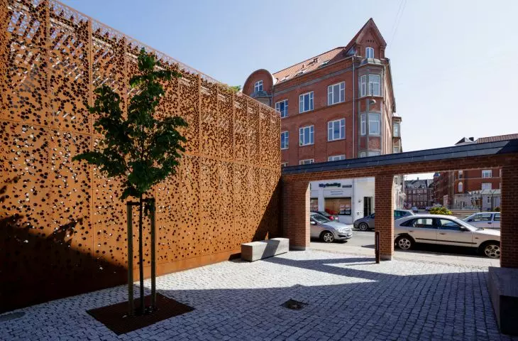Perforated metal sheets on the facade