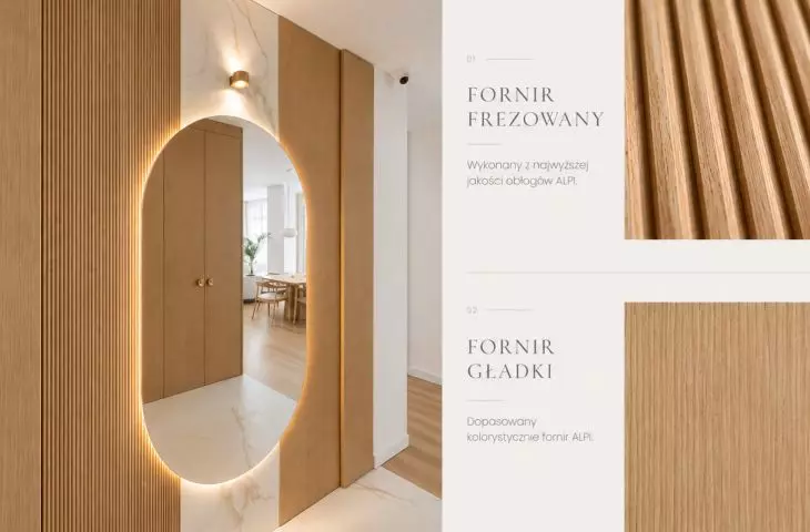 Fornir frezowany półwałek 10.50 PW 27/07 oraz odpowiadający mu kolorystycznie fornir 10.50 ALPI Vienna Oak Striped