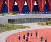 Red and blue are the team colors of Dinamo Zagreb, which plays at the stadium.