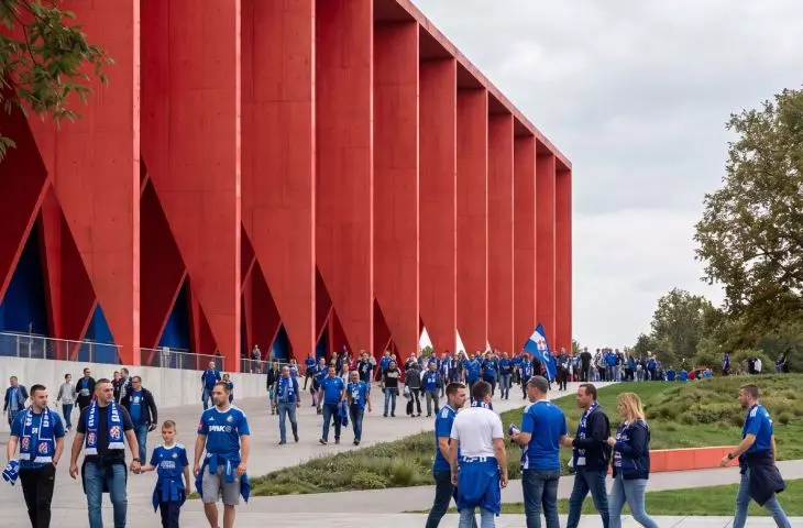 The red structure stands out against the landscape