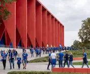 The red structure stands out against the landscape