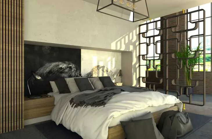 A black Volak-style Nordic screen in the bedroom