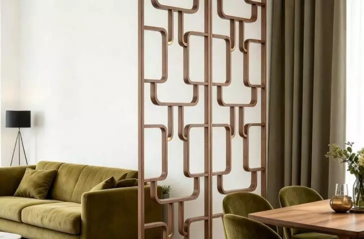 A Volak-style Nordic room divider in walnut, with an openwork panel in the living room