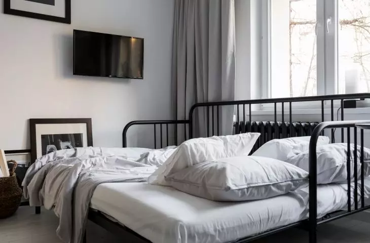 The fold-out bed also functions as a sofa