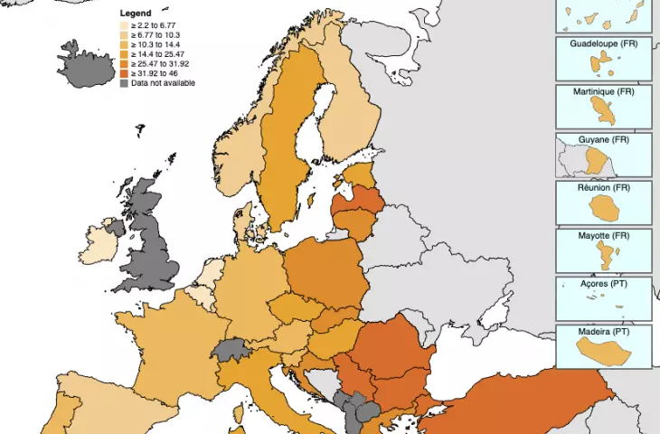 Odsetek ludności zamieszkującej przeludnione mieszkania w krajach Europy w 2025 roku. 
