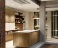 Wooden decor on kitchen cabinets and island