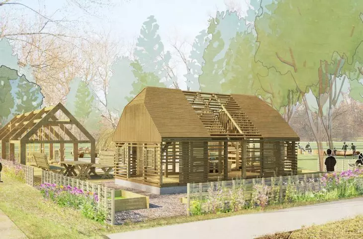 strefę zagrody architekci zaprojektowali jako gospodarstwo zbliżone skalą do gabarytów zabudowy zagrodowej wsi mazowieckiej