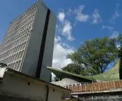 Tele and Radio Research Institute, the complex consists of a concrete skyscraper and a pavilion covered with a slate roof