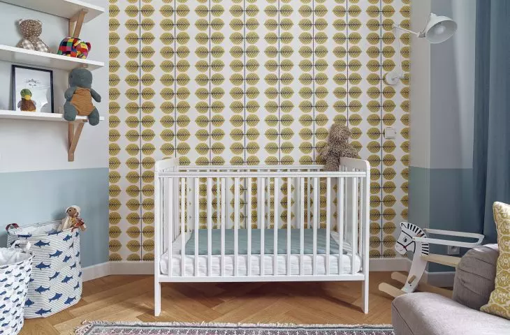 Patterned wallpaper completes the interior