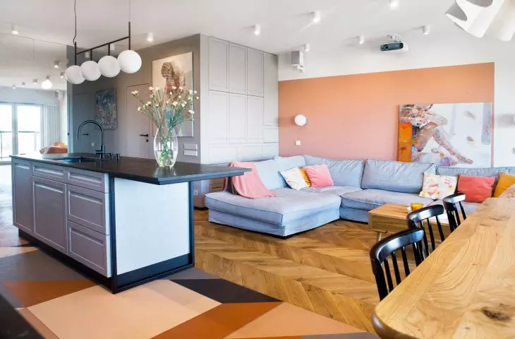 View of the living room, kitchen and dining room