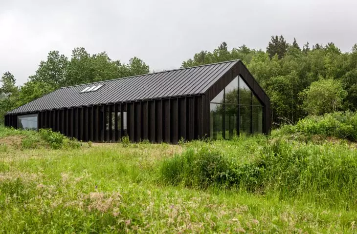 monochromatic body of the building houses the living area, guest rooms and the artist's studio