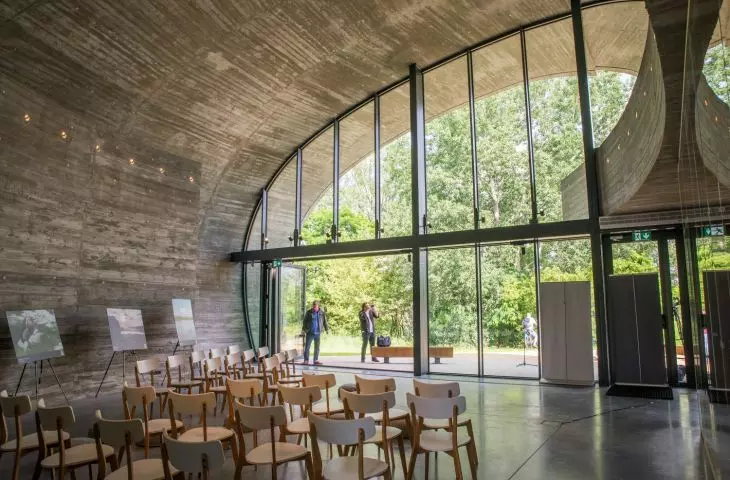Stone Education Pavilion, glass front with sliding doors