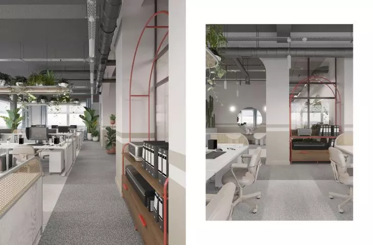 Pillars fill the impression of industrialness of the interior