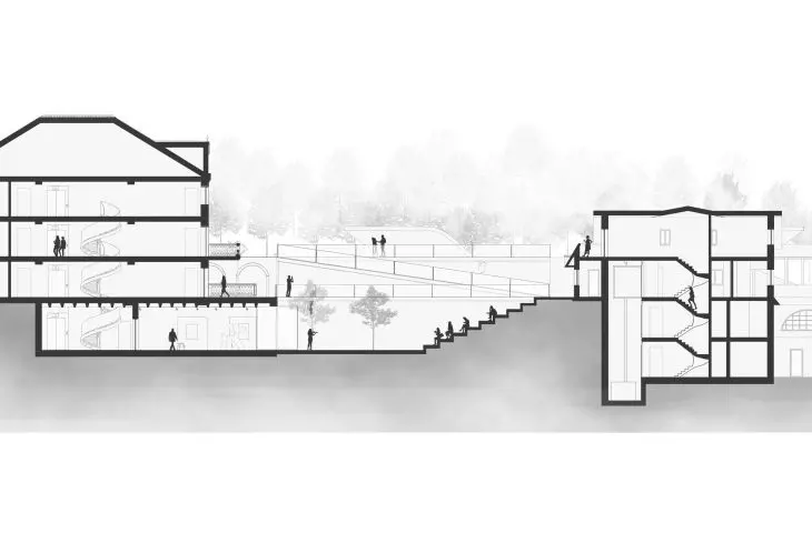 Hotel for artists, cross section of buildings